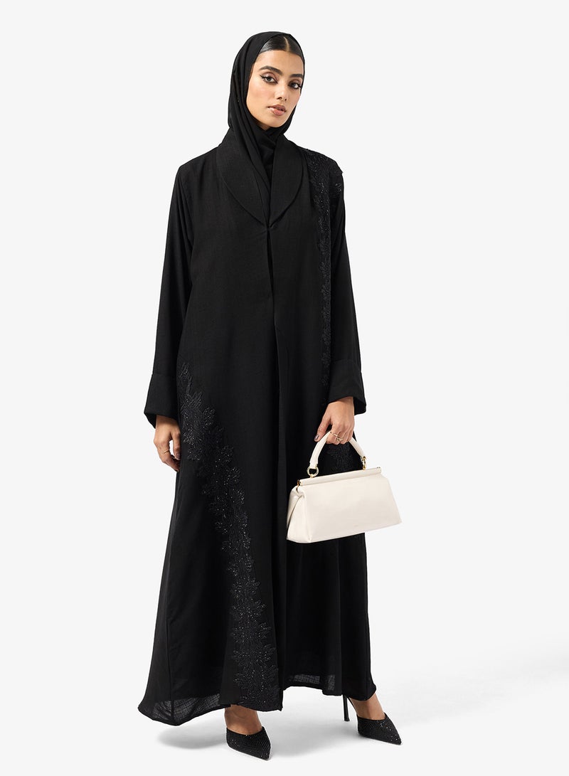 hayas closet Black Embroidery Collared Abaya With Sheila - Image 1